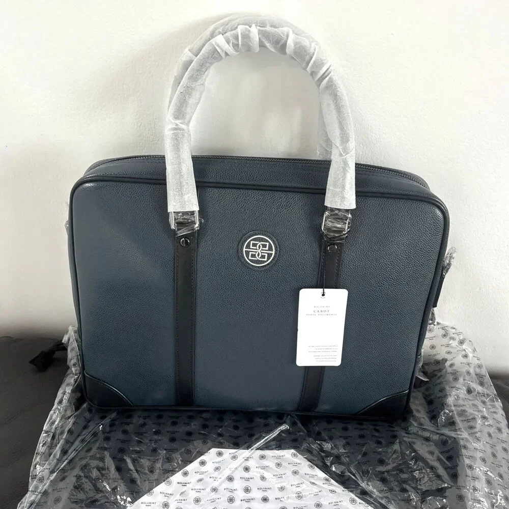 Bolvaint Cabot Luxury Briefcase Navy Leather w/Black Accents Travel Collection